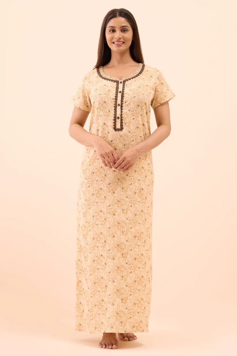 Floral Printed Lace Embellished Nighty - Beige