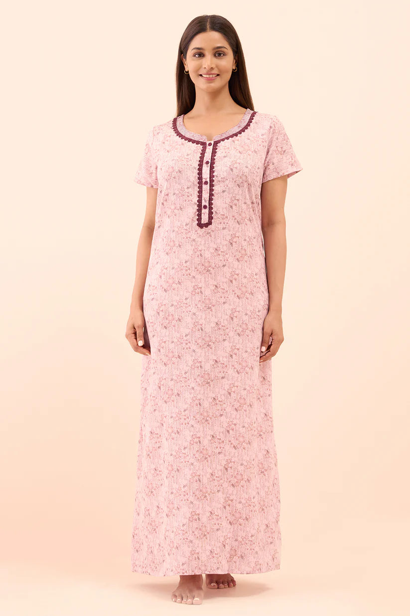 Floral Printed Lace Embellished Nighty - Pink