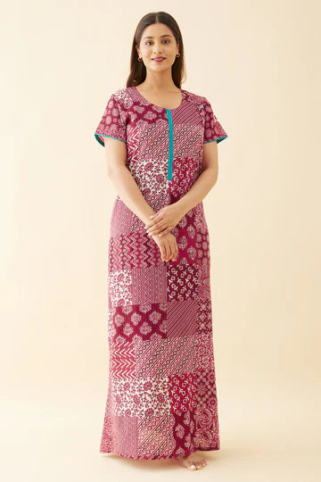 Abstract Printed & Embroidered Nighty