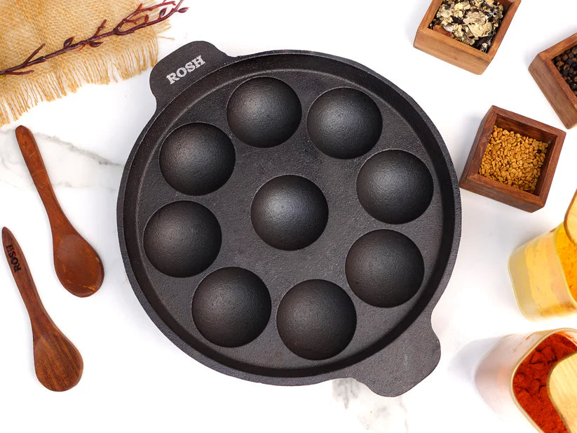 Paniyaram Pan Cast Iron - Jumbo 9 Pit Round Full Flat Induction Base.