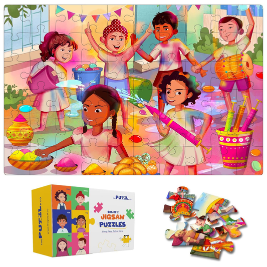 2 Festive Jigsaw Puzzles for Kids Age 4-5 Years | Fun Floor Puzzles – Diwali & Holi Themes | 60 Pieces Each with Activity Sheets
