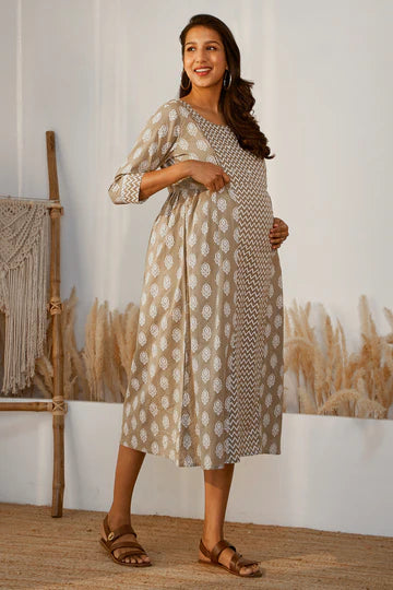 Panelled A-Line Maternity Kurta with Foil Mirror Embellished Yoke
