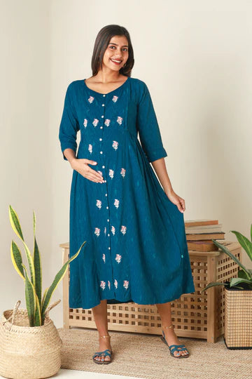 Panelled A-Line Maternity Kurta with Foil Mirror Embellished Yoke
