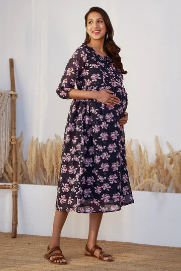 Autumnal Floral Printed Maternity Dress with Neck Tie-up