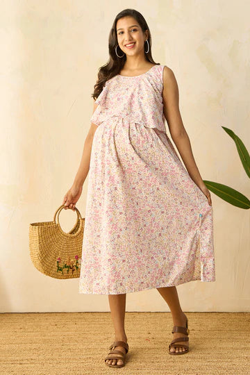 Ruffled Yoke with Ditsy Floral Printed Maternity Dress
