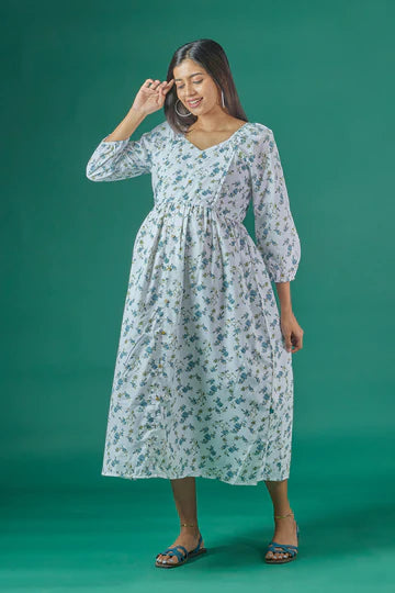 Autumnal Floral Printed Maternity Dress with Neck Tie-up