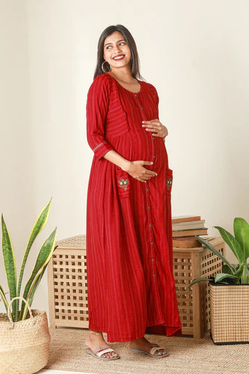 Panelled A-Line Maternity Kurta with Foil Mirror Embellished Yoke