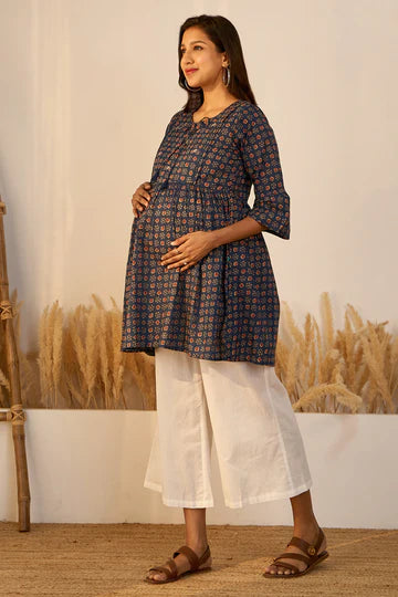 Printed Ajrakh Maternity Tunic with Foil Mirror Embellishment