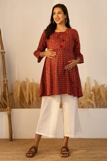 Printed Ajrakh Maternity Tunic with Foil Mirror Embellishment