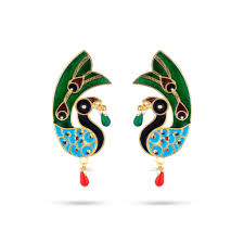 Stone Earring Pair - 3 x 1.25 Inches | Peacock Design Stud Earring/ Mayurakrit Kundal Karnapathiram for Deity