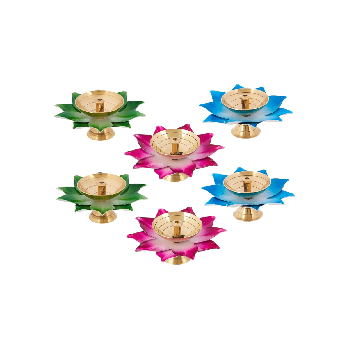 Brass/ Iron Jyot Set of 6 – Multicolor Leaf Design Oil Lamps