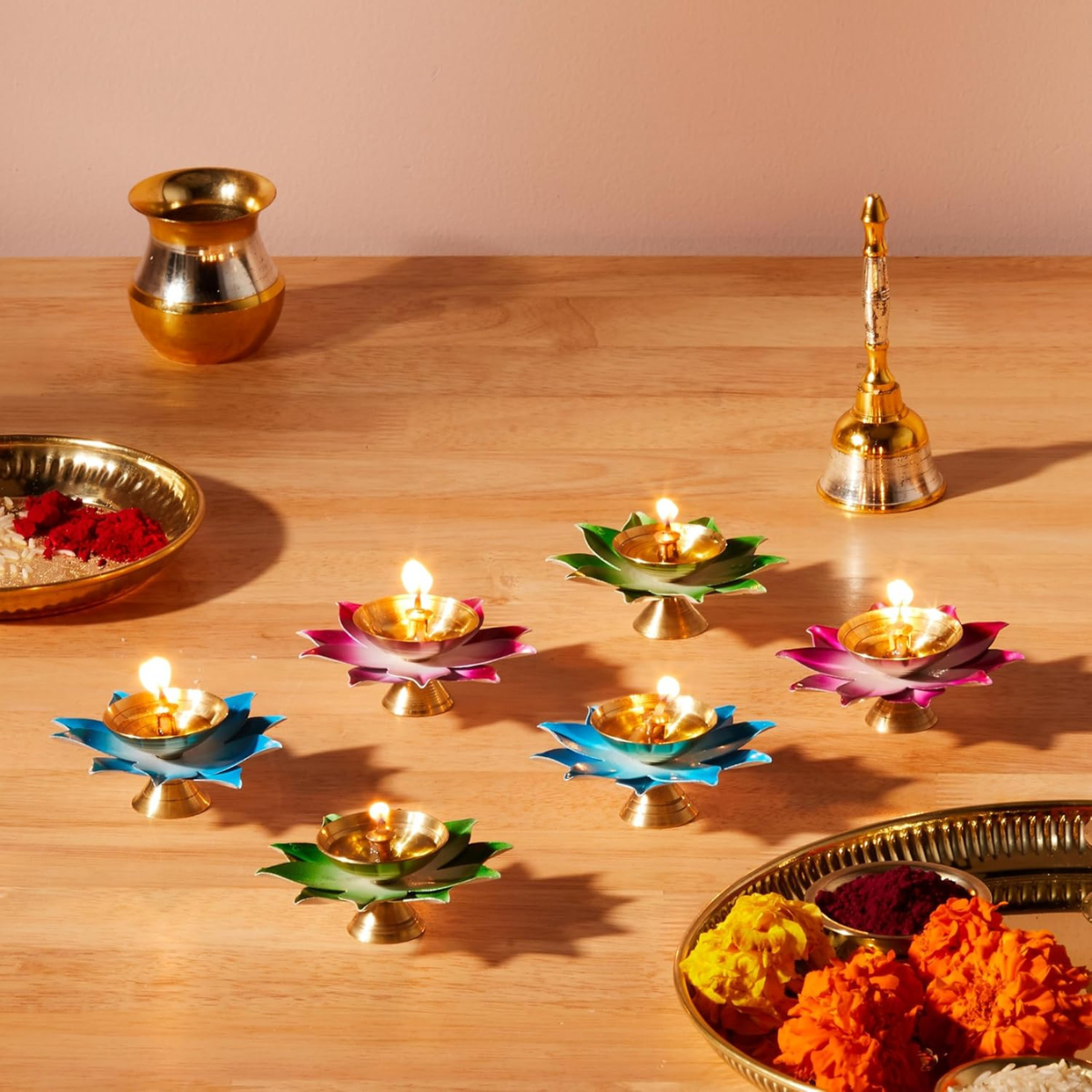 Brass/ Iron Jyot Set of 6 – Multicolor Leaf Design Oil Lamps
