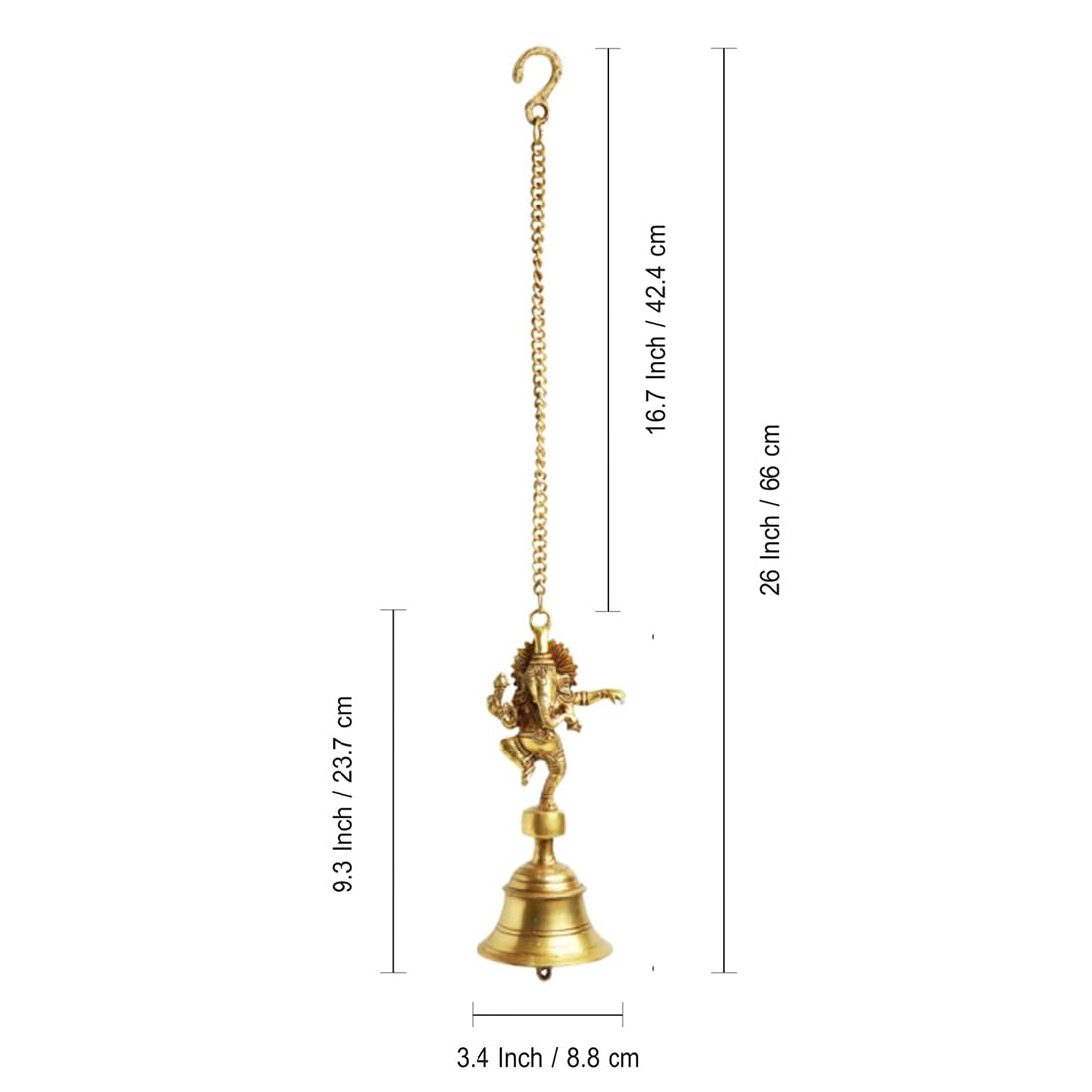 'Dancing Ganpati' Pure Brass Hanging Bells for Pooja Room (Set of 2, 3.4 x 3.4 x 9.3 Inch, 2.5 Kg) | Brass Bells for Mandir Temple Bell Hanging Temple Bells for Home Decoration
