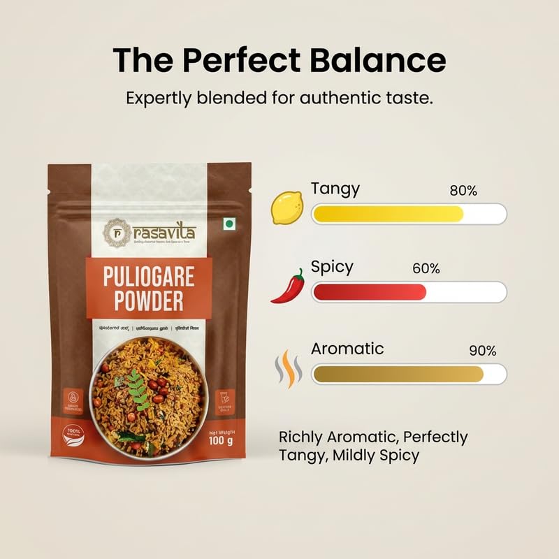 Puliyogare Powder | Tamarind Rice Masala | South Indian Spice Mix | Natural Ingredients | No Preservatives, No Artificial Colours | 100g Pack Of 3 FBA