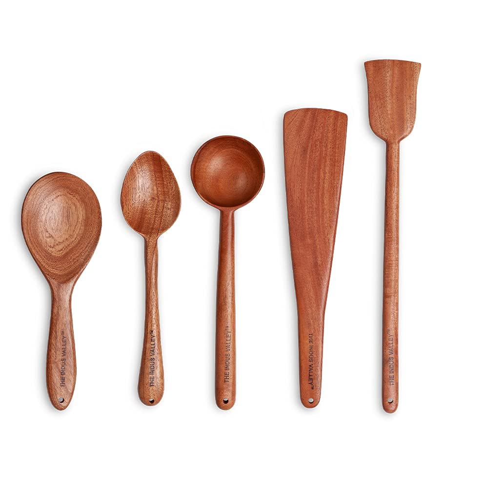 Neem Wood Compact Flip/Spatula/Ladle For Cooking Dosa/Roti/Chapati | Kitchen Tools | No Harmful Polish | Naturally Non-Stick | Handmade (Set Of 5),37CM