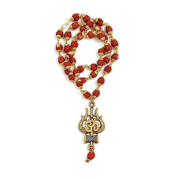 Gold-Plated Trishul-Damru Rudraksha Mala | 5 Mukhi Certified Beads | Stylish Spiritual Wear for Men & Women | Energized in Kashi