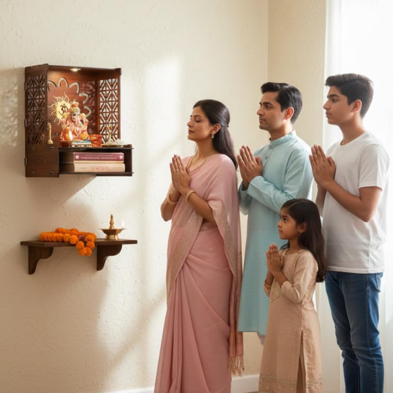 Wooden Temple for Home | Pooja Mandir with LED Light, Drawer & Shelves | Wall Mounted or Tabletop Mandir with OM Logo (DIY - H-15 x L-12 x W-10.5 Inch)