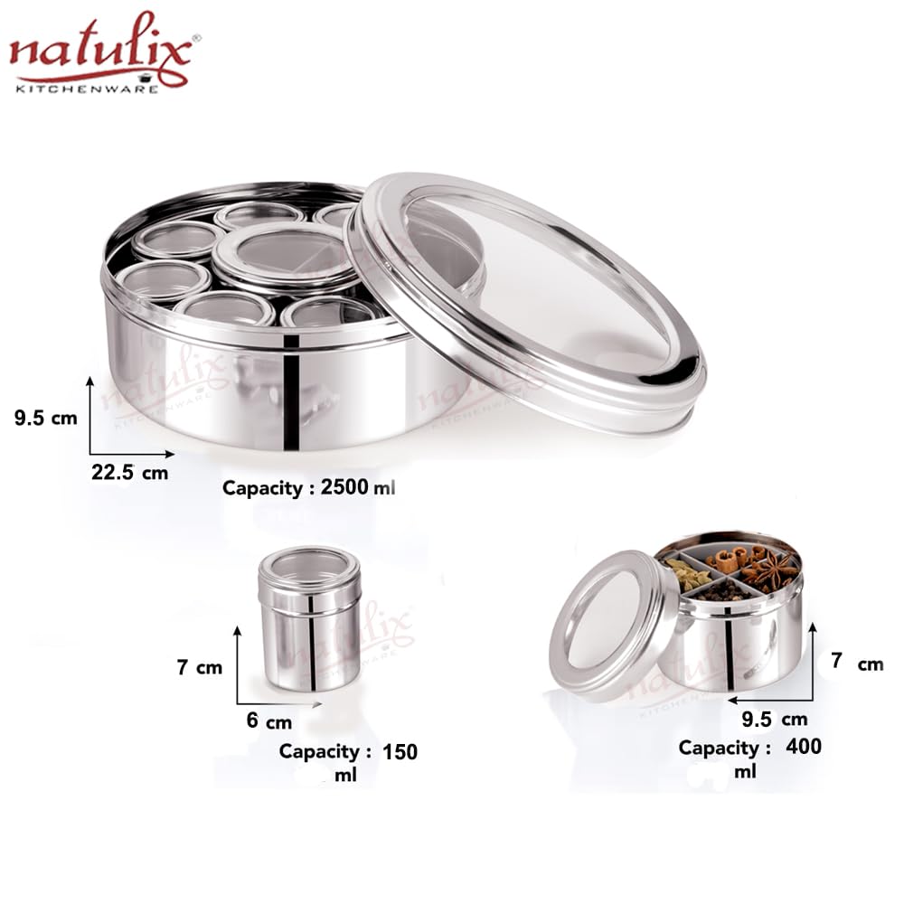 Stainless Steel 12 IN 1 Masala Box for Kitchen | Spice Box for Kitchen | Masala Container | Masala Dabba with individual See through lid 4 Spoons | Silver (2.5 Ltr | X-Large | 22.5cm)
