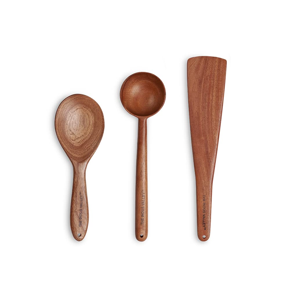Neem Wood Ladles - Wooden Flip/Spatula/Ladle For Cooking Dosa/Roti/Chapati | Kitchen Tools | No Harmful Polish | Handmade | Cookware - (Neem Wood, Set Of 3) - 25 Cm