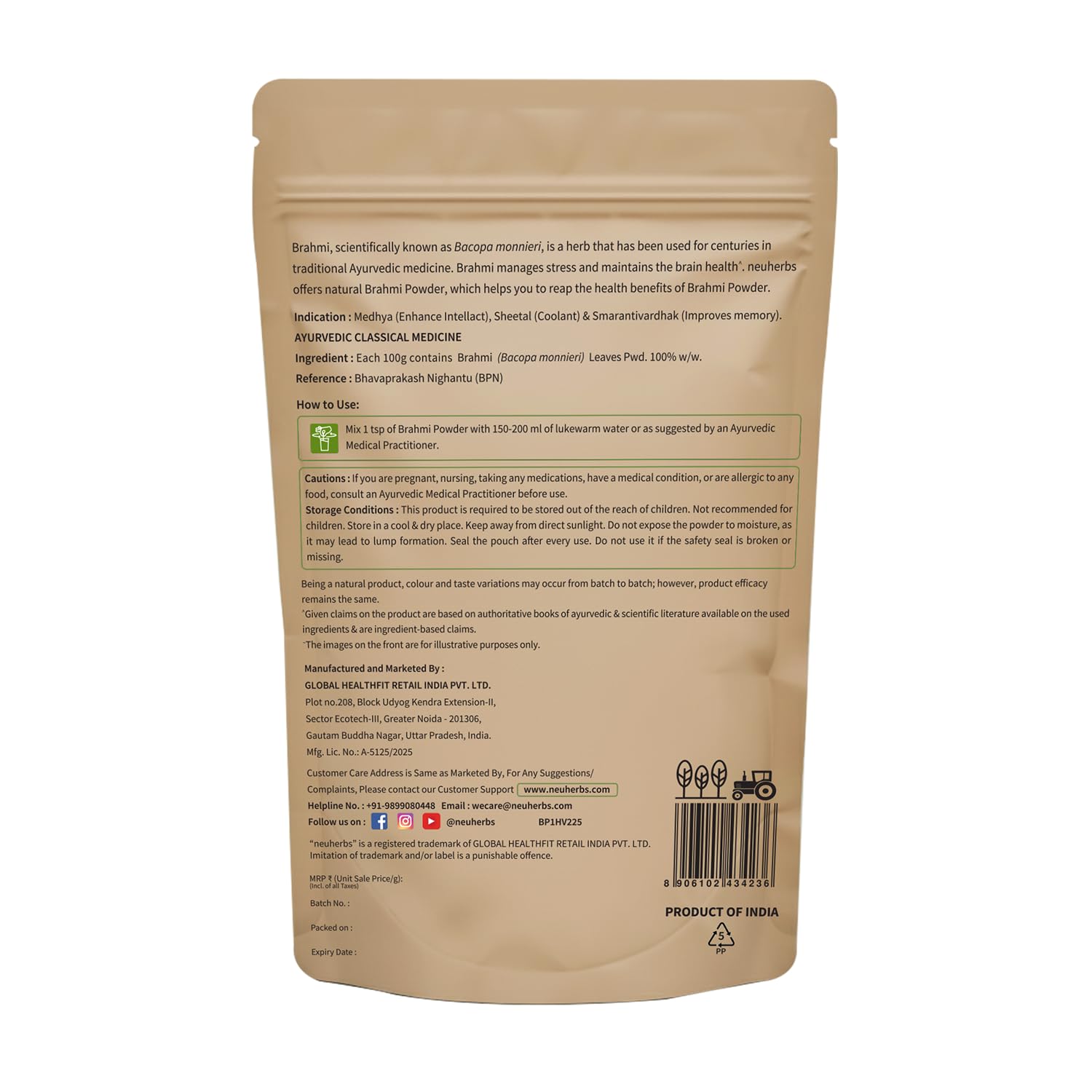 Brahmi Powder - 100g For Men & Women | Ayurvedic Care To Manage Stress & Boost Brain Health | Rich in Antioxident | 100% Pure & Natural | No Added Preservatives