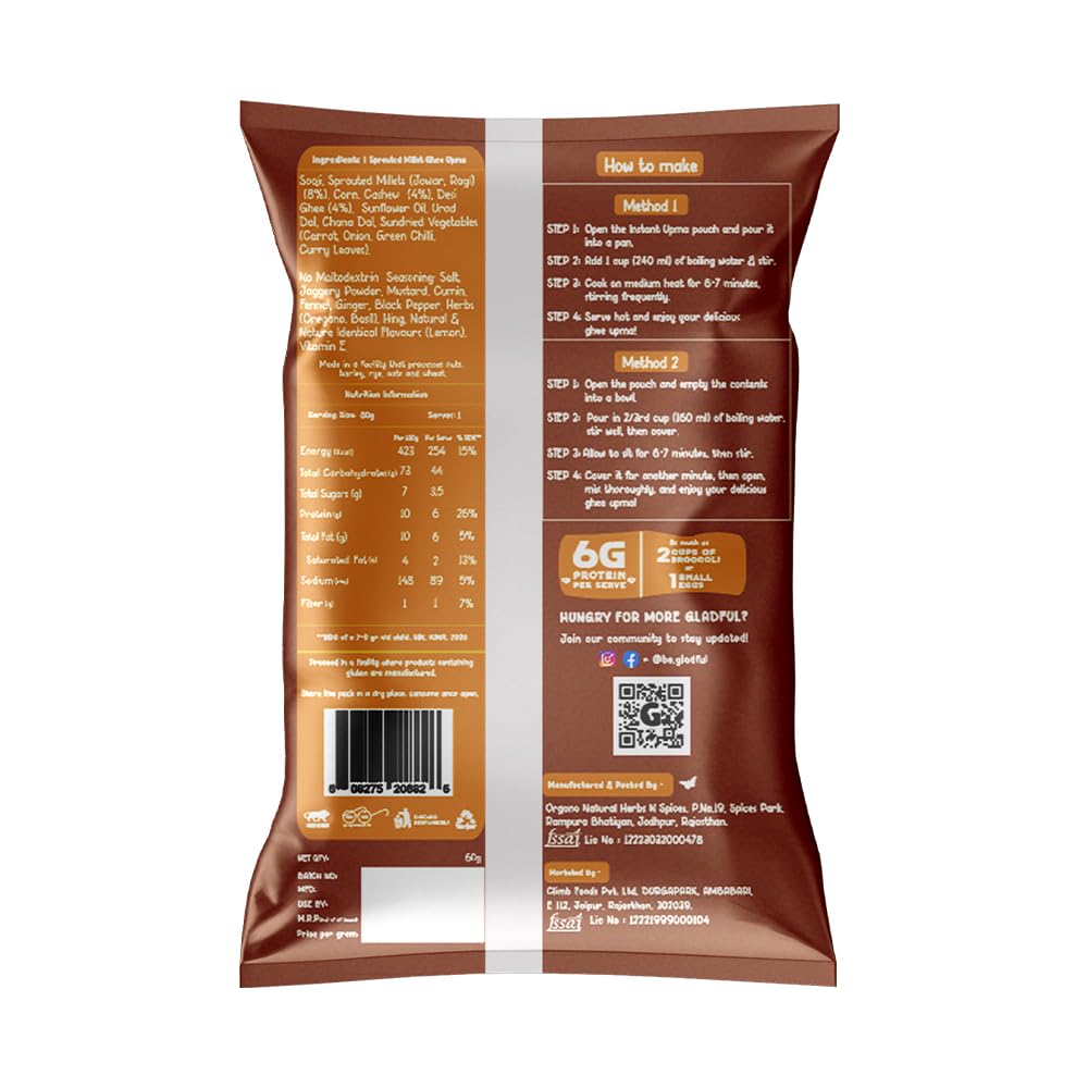 Sprouted Millet Instant Ghee Upma Mix - No Palm Oil, Trans Fat & Maida - Made with Jawar, Ragi and Suji/Rawa, Ghee & Cashew - Multigrain Protein Breakfast Healthy Snack - Pack of 6 (60g each)