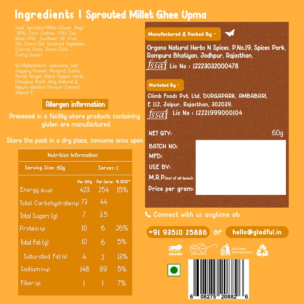 Sprouted Millet Instant Ghee Upma Mix - No Palm Oil, Trans Fat & Maida - Made with Jawar, Ragi and Suji/Rawa, Ghee & Cashew - Multigrain Protein Breakfast Healthy Snack - Pack of 6 (60g each)