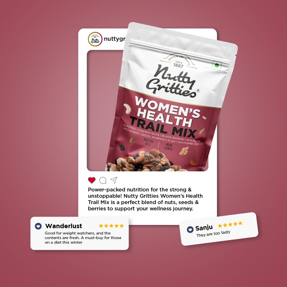 Gritties Premium Women's Health Mix 200g | Almonds, Cashews, Black Raisins, Walnuts, Pistachios, Pumpkin, Flax & Watermelon Seeds | Rich in Iron & Omega-3 | Resealable Pouch | Healthy Snack