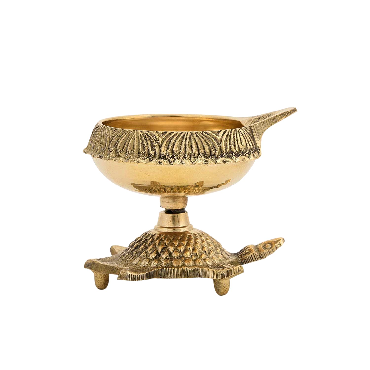 Brass Diya Oil Puja Lamp Engraved Design Dia with Turtle Base for Home Temple Pooja Articles Decor Gifts (1Pcs).