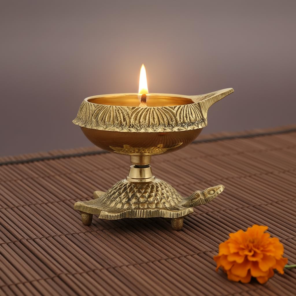 Brass Diya Oil Puja Lamp Engraved Design Dia with Turtle Base for Home Temple Pooja Articles Decor Gifts (1Pcs).