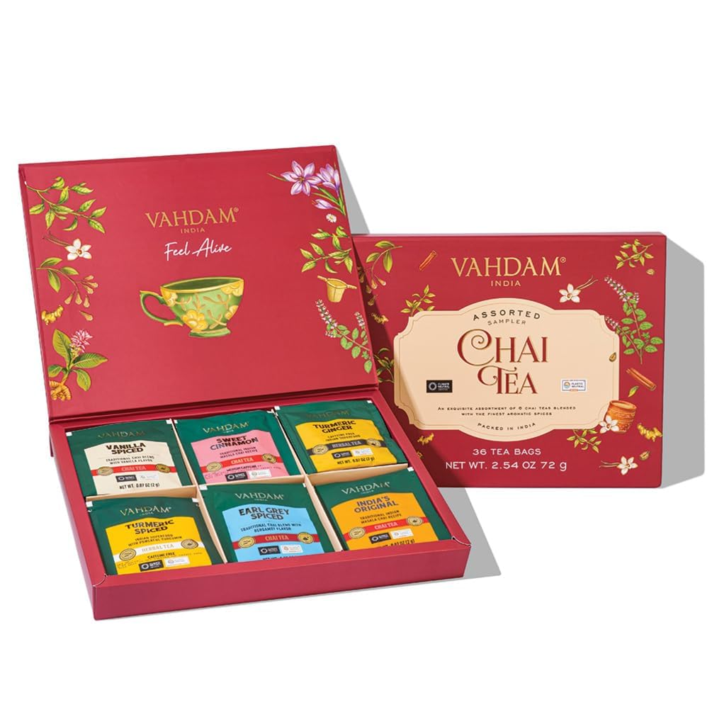 Assorted Chai Tea Variety Pack (6 Delicious Flavors, 36 Eco Friendly Pyramid Tea Bags) Caffeinated, Gluten Free, Non GMO | Indian Masala Chai Tea Blends | Tea Gift Set for Men and Women