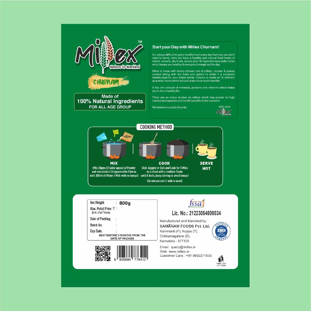 Millet Healthy Mix With Churnam 800G| 30 Natural Nutrition and 18 Herbal Churna Ingredients | Sprouted Cereals,Nuts, & Pulses |No Sugar Organic Multigrain Nutrition Drink | |Porridge Mix
