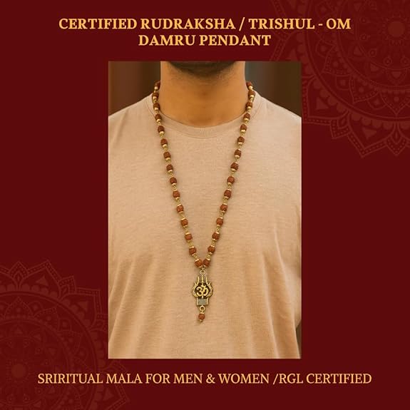Gold-Plated Trishul-Damru Rudraksha Mala | 5 Mukhi Certified Beads | Stylish Spiritual Wear for Men & Women | Energized in Kashi