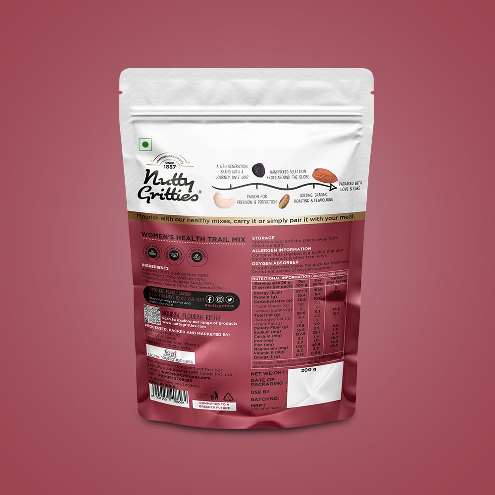 Gritties Premium Women's Health Mix 200g | Almonds, Cashews, Black Raisins, Walnuts, Pistachios, Pumpkin, Flax & Watermelon Seeds | Rich in Iron & Omega-3 | Resealable Pouch | Healthy Snack
