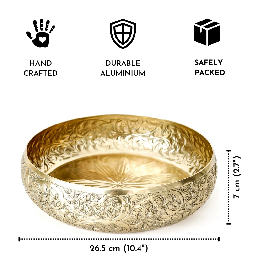 Golden Aluminium Chitai Design 10" inch Urli | Navratri Durga Puja Indoor Outdoor Center Table Flower Decorative Bowl | Urali for Haldi, Mehandi, Wedding & Home Decor, Brass Finish 1Pc, 2000 ml