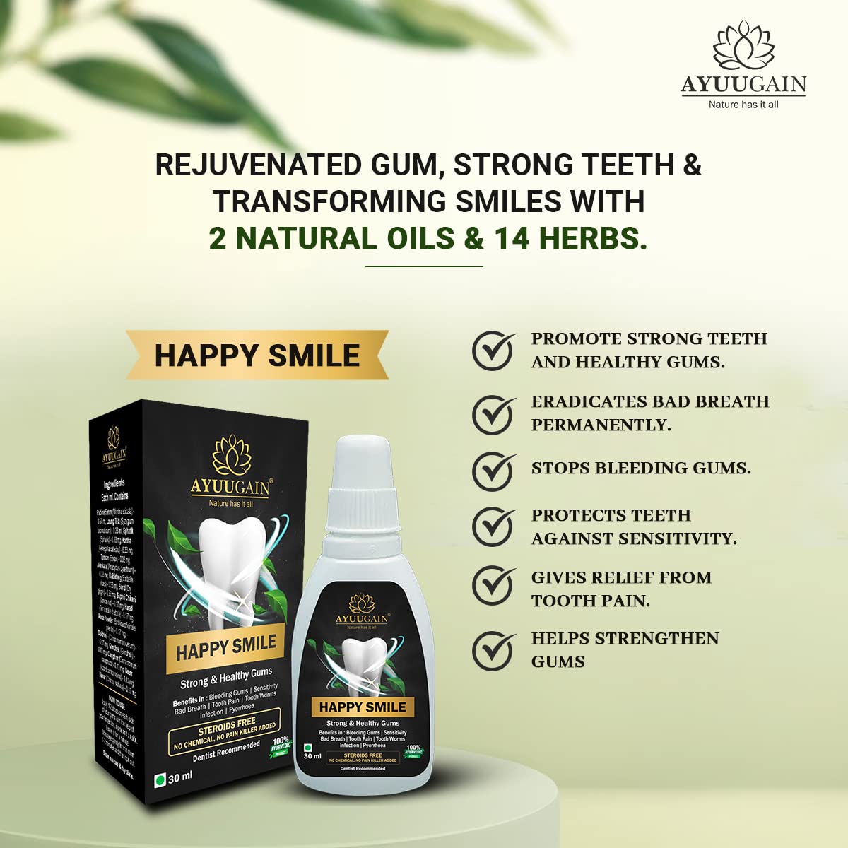Happy Smile Gum Paint 30ml | Ayurvedic Oral Care for Strong Teeth & Healthy Gums | With Clove Oil (Laung), Pudina Satva | Supports Fresh Breath, Gum Care & Daily Oral Hygiene