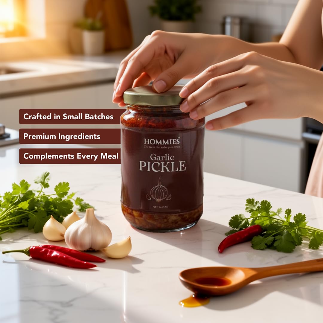 Garlic Pickle | Spicy & Tangy Lehsun Achaar | Authentic Indian Style Pickle in Mustard Oil | Homemade Taste with Hing, Methi & Mustard Seeds | No Preservatives | Perfect Side with Meals & Snacks (300g)