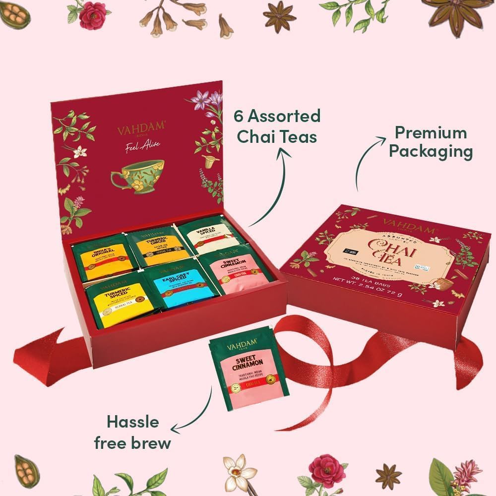Assorted Chai Tea Variety Pack (6 Delicious Flavors, 36 Eco Friendly Pyramid Tea Bags) Caffeinated, Gluten Free, Non GMO | Indian Masala Chai Tea Blends | Tea Gift Set for Men and Women