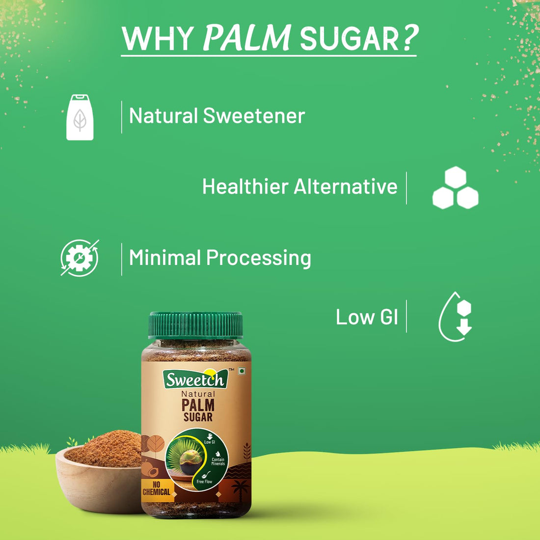 Natural Palm Sugar 350 gm Jar Natural Healthy Replacement for Sugar, Contain Minerals, Low GI, No Chemical & Free Flow | For Baking & Cooking (Pack of 1)