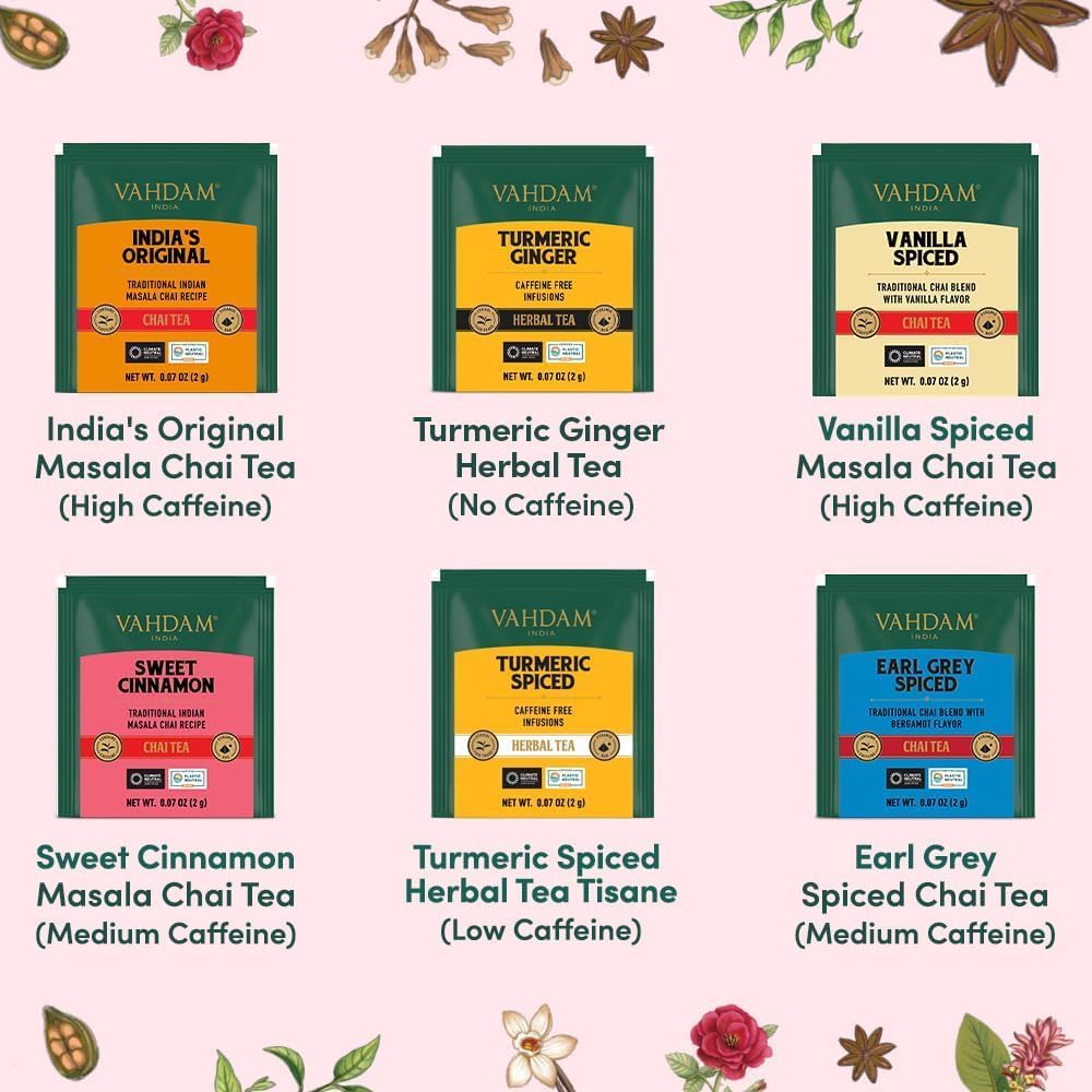 Assorted Chai Tea Variety Pack (6 Delicious Flavors, 36 Eco Friendly Pyramid Tea Bags) Caffeinated, Gluten Free, Non GMO | Indian Masala Chai Tea Blends | Tea Gift Set for Men and Women