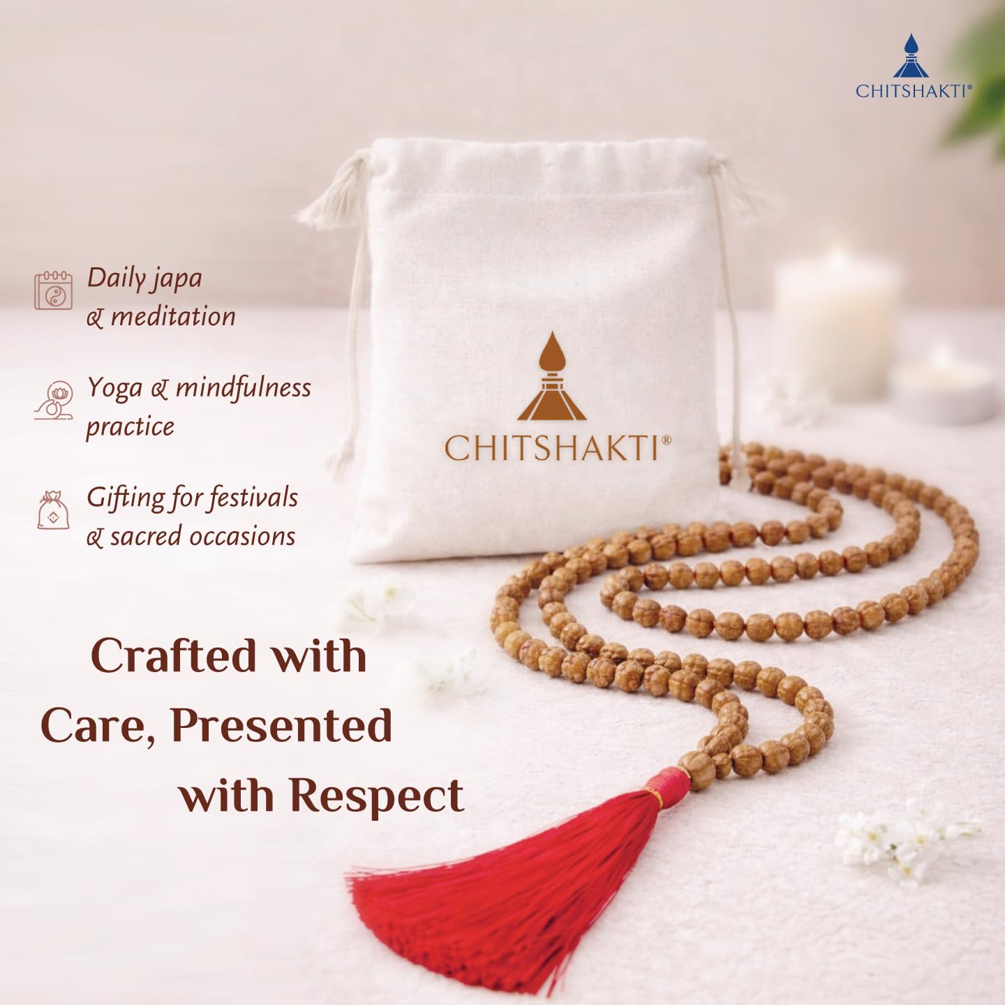 Rudraksha mala 108 +1 Beads Original | Sacred 108 + 1 Rudraksha Meditation Mala | Natural 8.5 mm Beads with 12 mm Guru Bead | Traditional Hand-Knotted Japa Mala with Red Tassel | Red