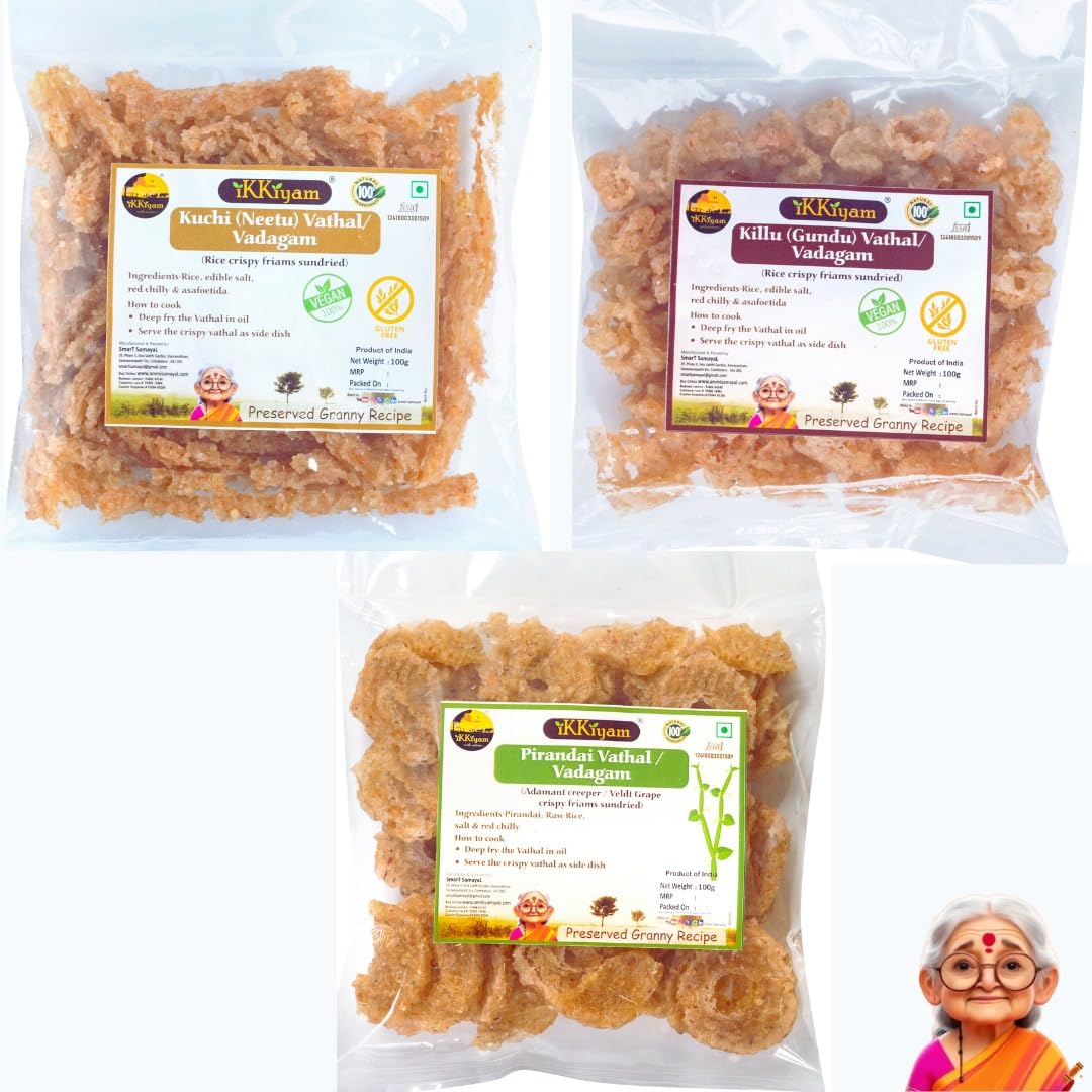 Combo of Sun-Dried Kuchi Neetu Vathal and Killu Gundu Vathal | Rice Vadagam and Pirandai Vathal | Nalleru Cissus Hadjod Veldt Grape Crisps | Bone Health Knee Pain Relief3 Packs x 100g