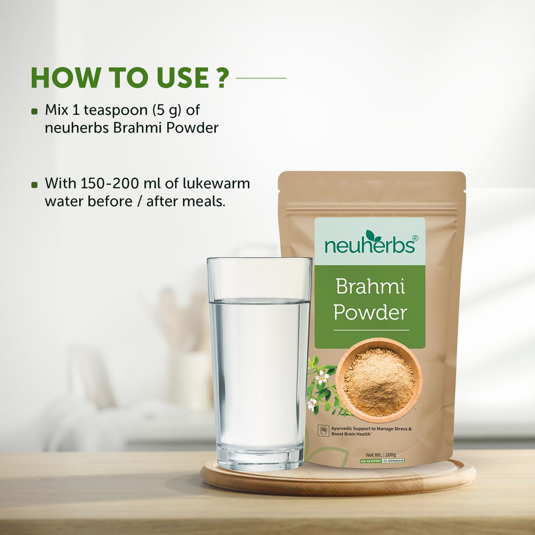 Brahmi Powder - 100g For Men & Women | Ayurvedic Care To Manage Stress & Boost Brain Health | Rich in Antioxident | 100% Pure & Natural | No Added Preservatives