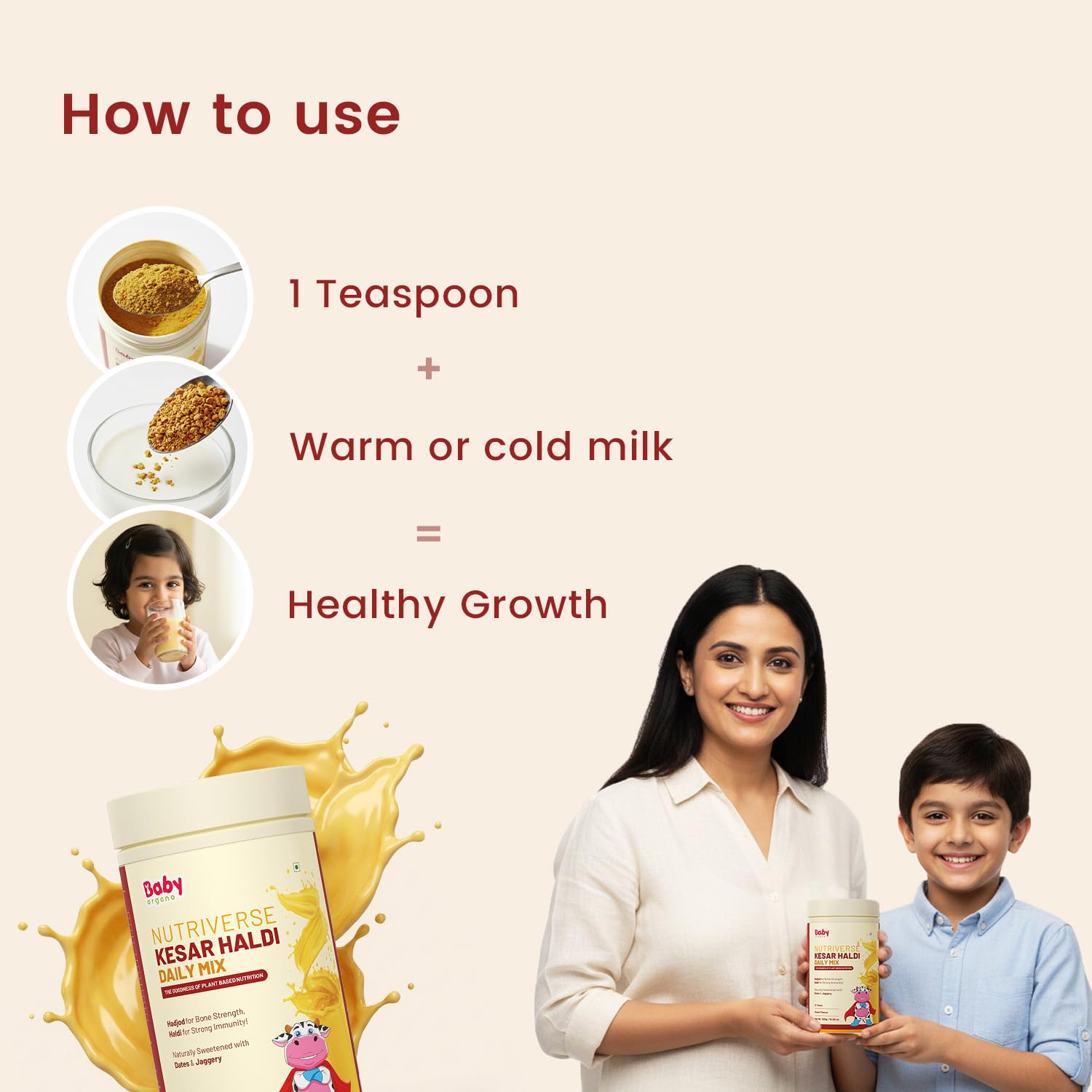 Nutriverse Kesar Haldi Milk Mix for 2+ Year Kids | No Refine Sugar | Supports Healthy Growth & Development | 15+ Ayurvedic Herbs Hadjod, Haldi and Anantmool | High Protein & Vitamins | Kesar Flavor - 300gm