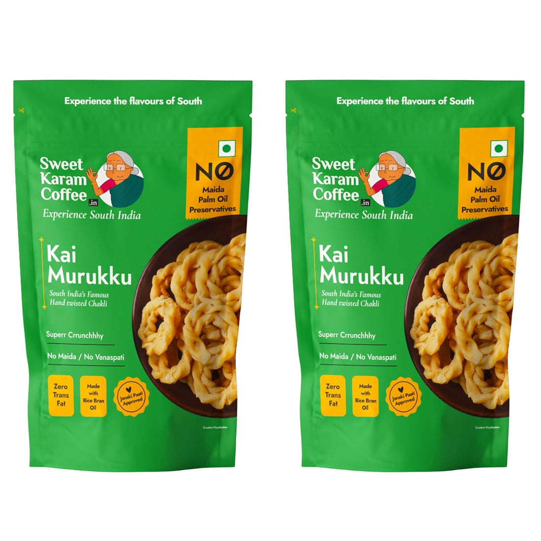 Kai Murukku - Pack of 2 (150g each) | No Palm Oil & Preservatives | Authentic South Indian Hand-Twisted Chakli | Crunchy & Delicious Namkeen | Tea Time Snack | Festive Special