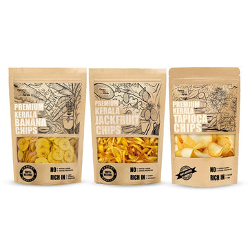 Combo Banana Chips in Coconut Oil - 600 Grams | Jackfruit Chips 400 Grams | Tapioca Chips 400 Grams