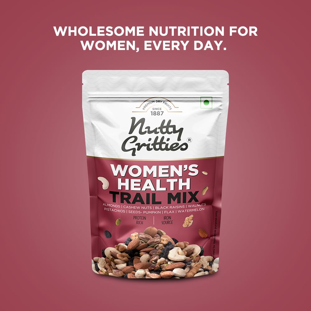 Gritties Premium Women's Health Mix 200g | Almonds, Cashews, Black Raisins, Walnuts, Pistachios, Pumpkin, Flax & Watermelon Seeds | Rich in Iron & Omega-3 | Resealable Pouch | Healthy Snack