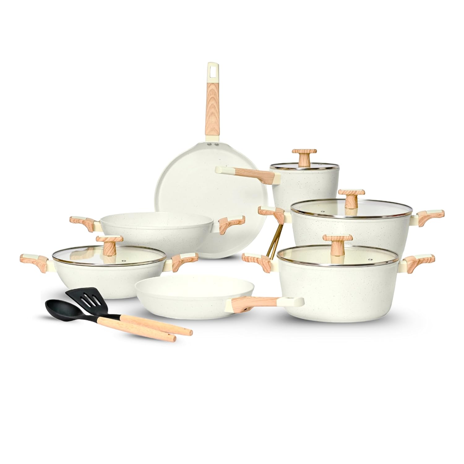 Ceracook Ceramic Coated Granite Cookware Gift Set Combo 7pcs with 2X Spatulas, ISI Certified, Forged Aluminium, Gas & Induction Use, Non Toxic PFAS & PTFE Free, 1 Year Warranty, Ivory