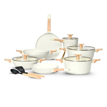 Ceracook Ceramic Coated Granite Cookware Gift Set Combo 7pcs with 2X Spatulas, ISI Certified, Forged Aluminium, Gas & Induction Use, Non Toxic PFAS & PTFE Free, 1 Year Warranty, Ivory