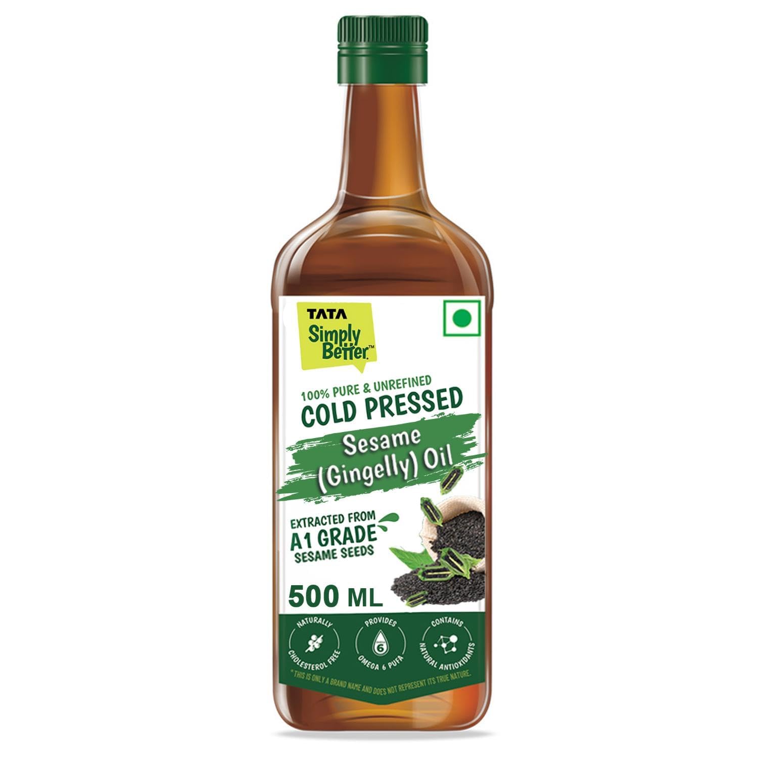 Tata Simply Better Pure & Unrefined Cold Pressed Sesame(Gingelly)Oil,Naturally Cholesterol Free,500ml,Sesame Oil with Rich Aroma & Flavour of Real SesameSeeds,For Daily Cooking with Multipurpose Usage