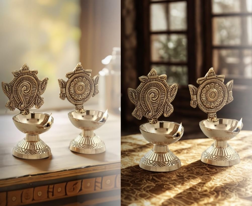 Brass Shankh & Chakra Diya Set for Pooja | Traditional Oil Lamps (Set of 2), 430gms, 11cms Height, Gold Finish.